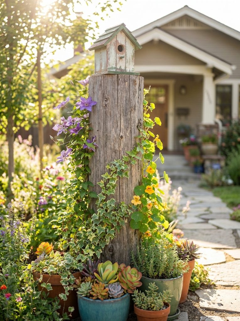 Tall tree stump used as garden post with birdhouse mounted on top and climbing plants trained up sides
