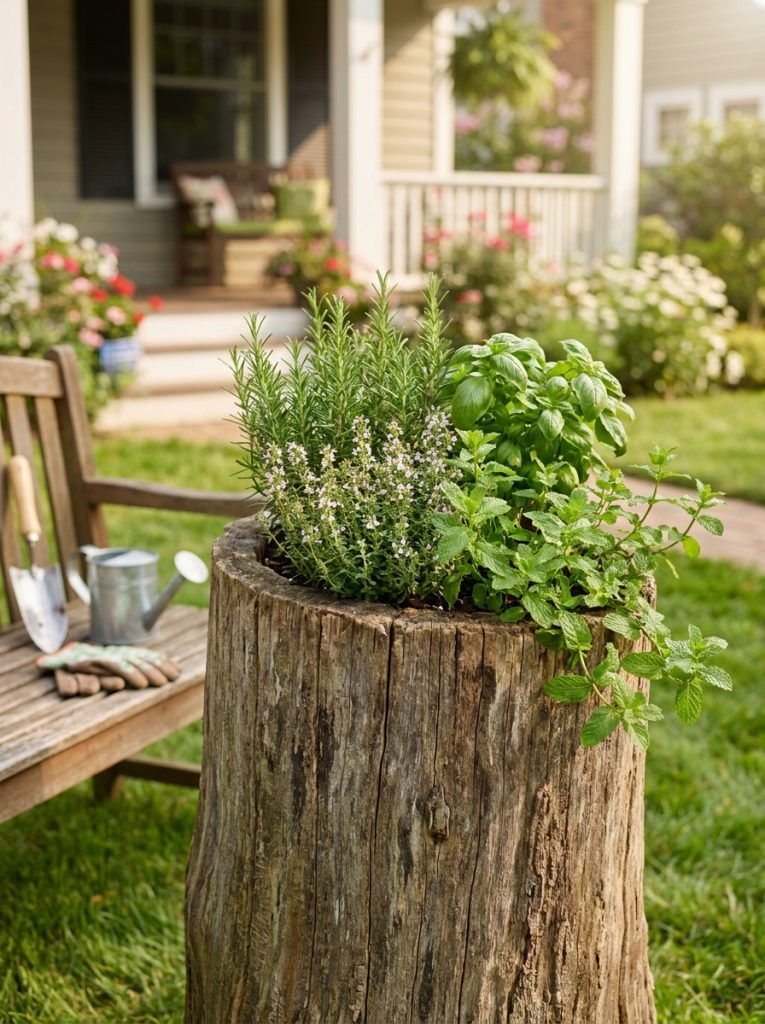 Tree stump transformed into productive herb garden with rosemary thyme basil and mint in sunny front yard