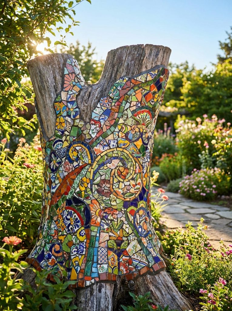 ree stump transformed into stunning colorful mosaic art with broken tile pieces in beautiful patterns in sunny garden