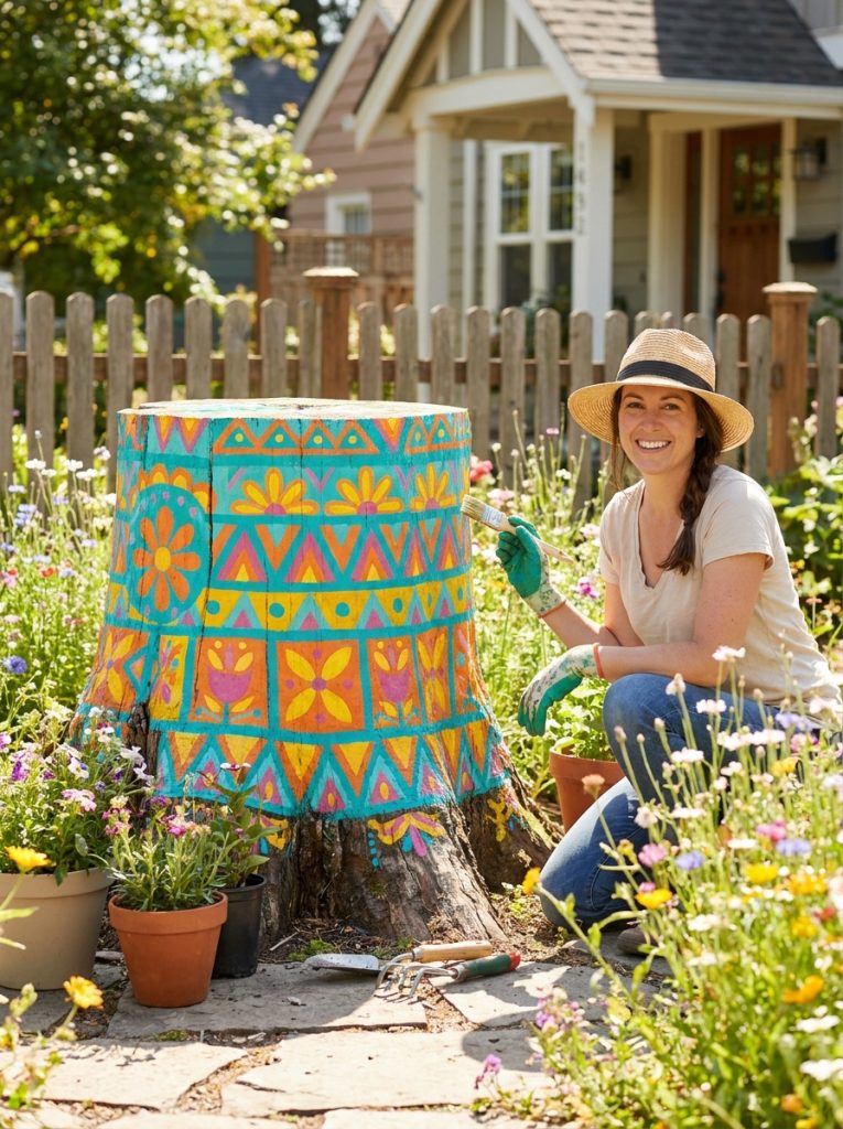 ree stump painted in bright bold colorful geometric patterns as striking artistic outdoor front yard feature