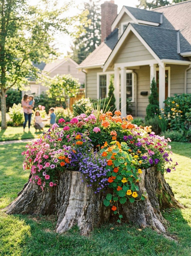Large tree stump transformed into beautiful outdoor flower planter overflowing with bright blooms in sunny front yard
