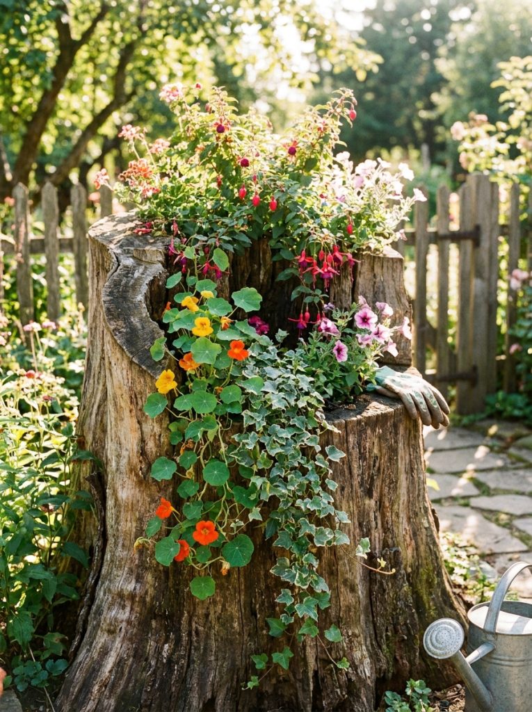 Naturally hollow tree stump used as creative planter with trailing plants growing through opening in sunny garden