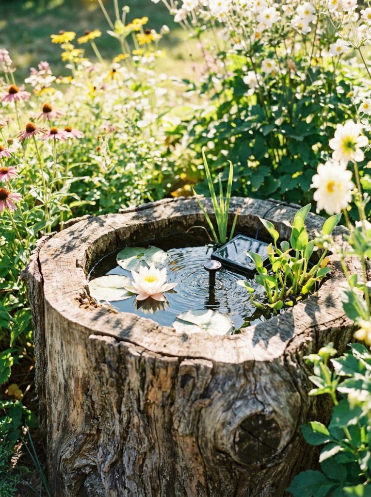 Creative tree stump transformed into small water feature with aquatic plants water lily and solar pump in sunny garden