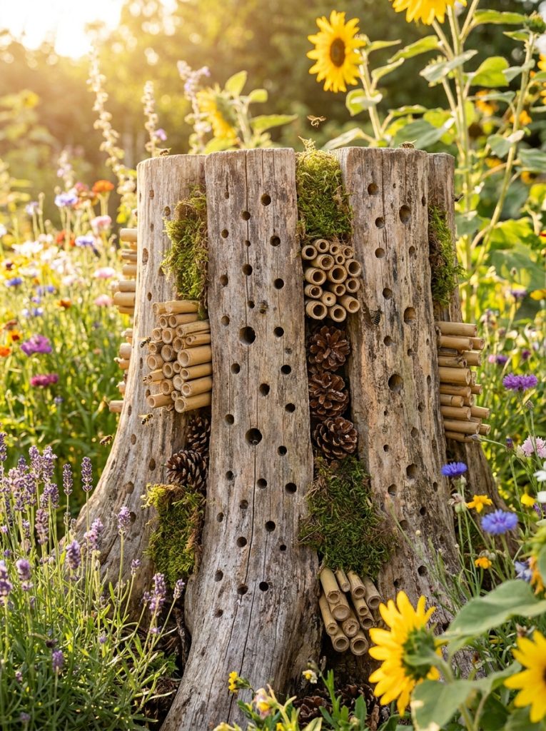 Tree stump transformed into wildlife hotel with drilled holes bamboo tubes pine cones and bark crevices for insects