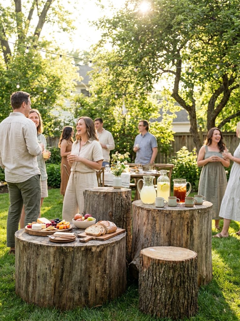 Large tree stumps used as outdoor entertaining tables at different heights for garden party drinks and food platters