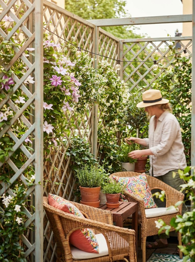  Creative cheap trellis privacy screens with dense climbing plants creating complete natural privacy for outdoor seating area