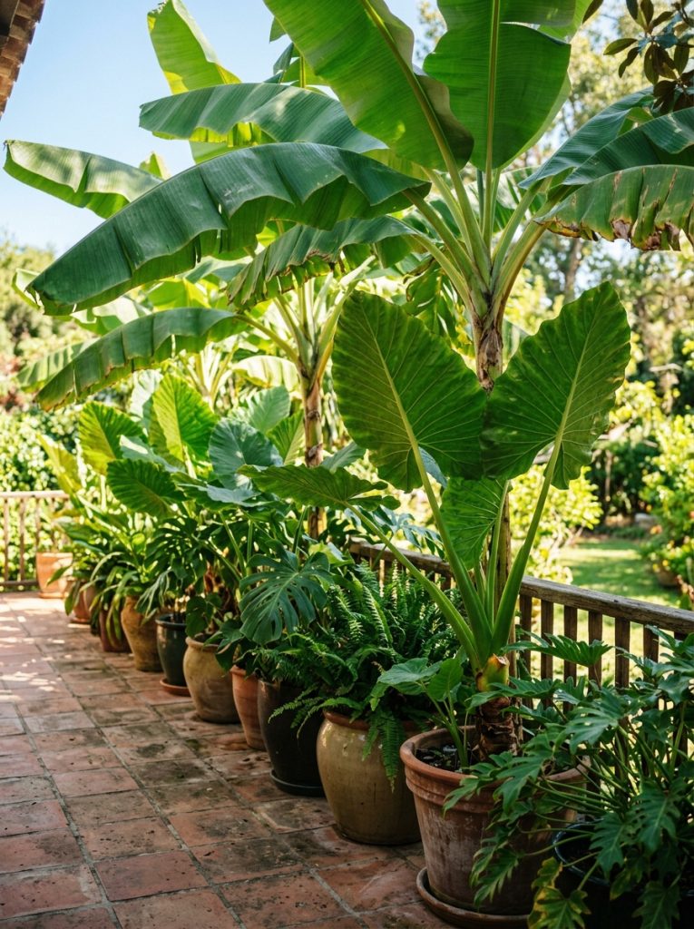 Large tropical potted plants arranged as natural shade screen along sunny patio