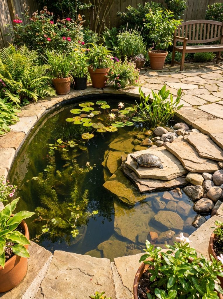 Beautiful DIY turtle pond with deep water area flat basking rocks aquatic plants and turtle basking in sunny backyard