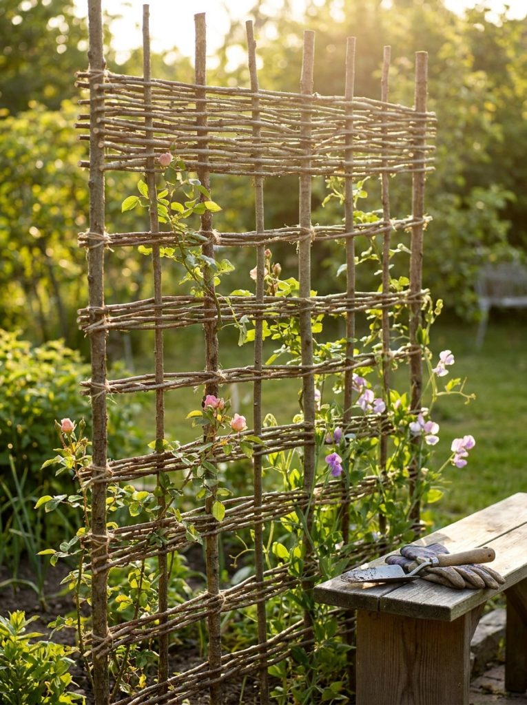  Beautiful DIY twig and branch trellis with natural forked branches woven together and climbing plants in sunny garden