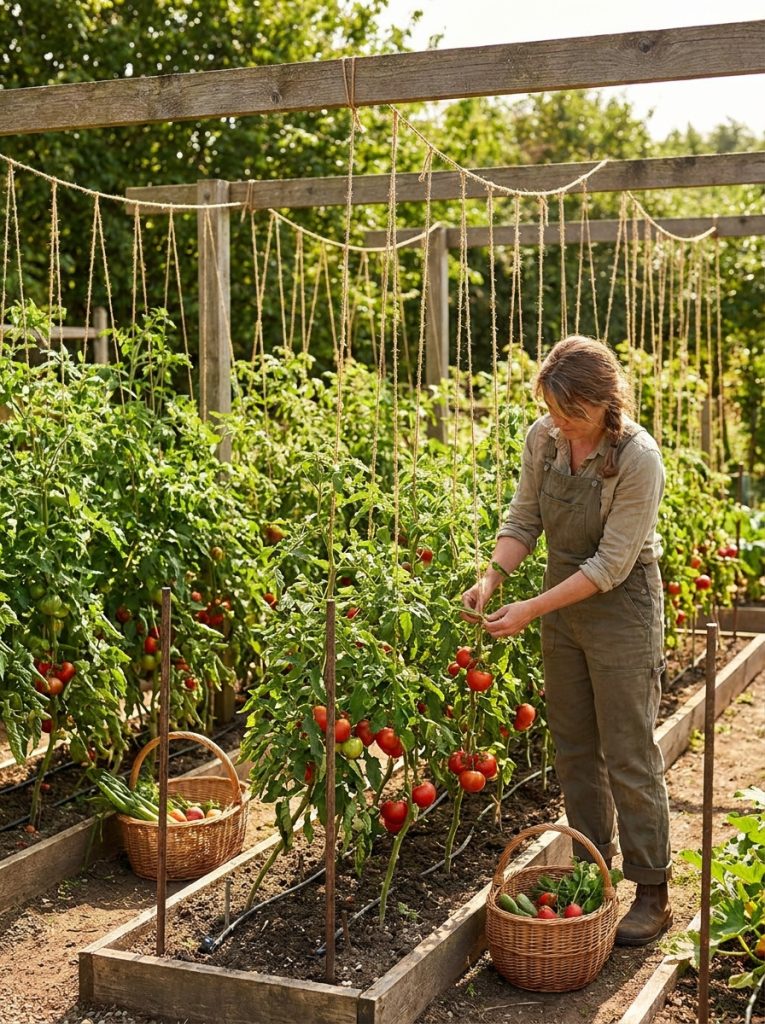 Simple effective garden twine tomato trellis with natural jute tied from overhead to ground stakes for tomato plants to climb
