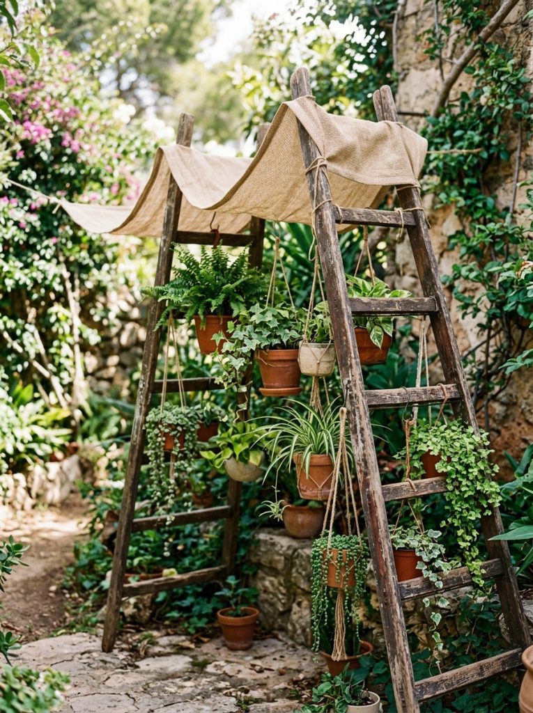  Two wooden ladders with shade cloth draped across forming creative outdoor shade