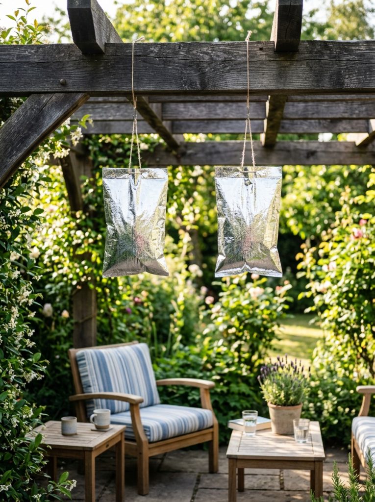 Silver wasp deterrent hanging bags suspended from pergola above outdoor patio seating