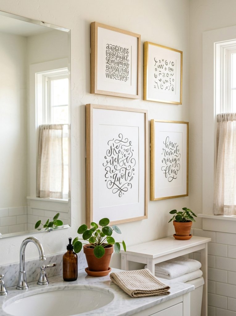 Beautiful typography bathroom picture ideas with elegant quote prints in simple frames creating meaningful personal wall display