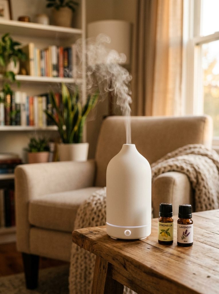 White essential oil diffuser on indoor side table with citronella and lavender oil bottles beside