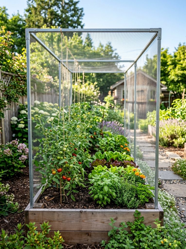  Sturdy metal cage enclosure with fine mesh over raised bed of tomatoes lettuce and herbs