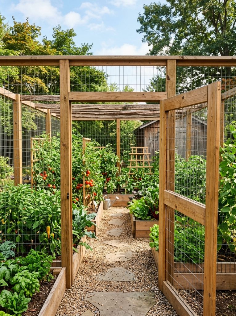Complete DIY vegetable garden enclosure with wooden raised beds wire mesh fence and wide gate