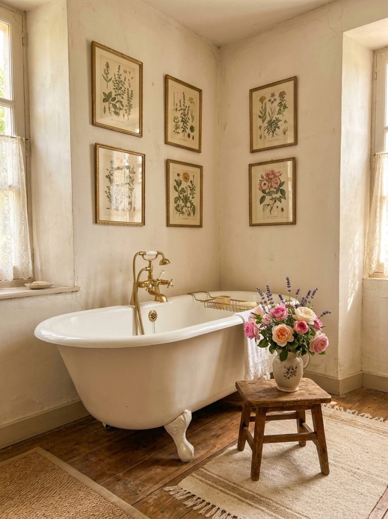  Beautiful vintage french cottage bathroom with antique clawfoot tub brass taps botanical prints and fresh flowers