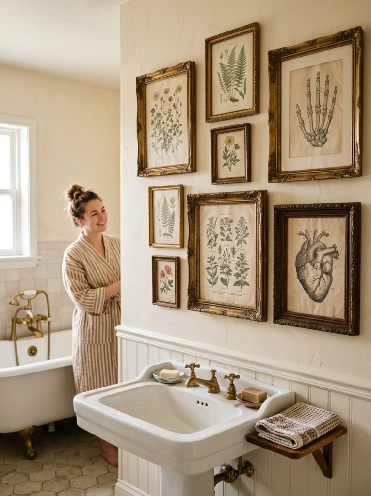 Beautiful vintage antique bathroom picture display with aged botanical prints in ornate vintage frames on warm bathroom wall