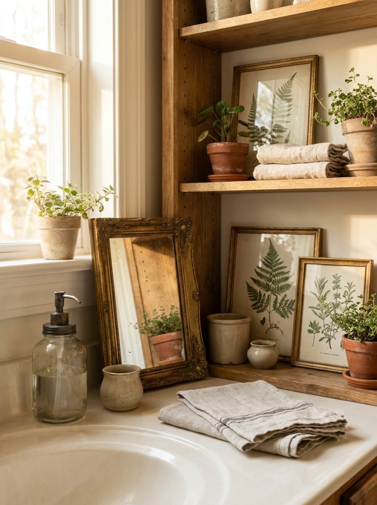 Beautiful vintage bathroom decor with antique soap dispenser vintage mirror distressed accessories and botanical prints