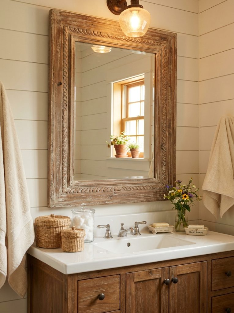 Beautiful vintage farmhouse mirror above bathroom vanity reflecting warm light with cottage accessories arranged below