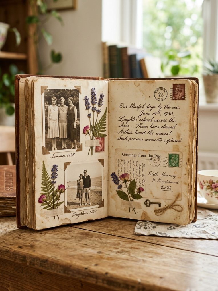  Beautiful vintage aesthetic scrapbook with sepia photos aged paper botanical pressed flowers vintage stamps postcards and antique handwriting