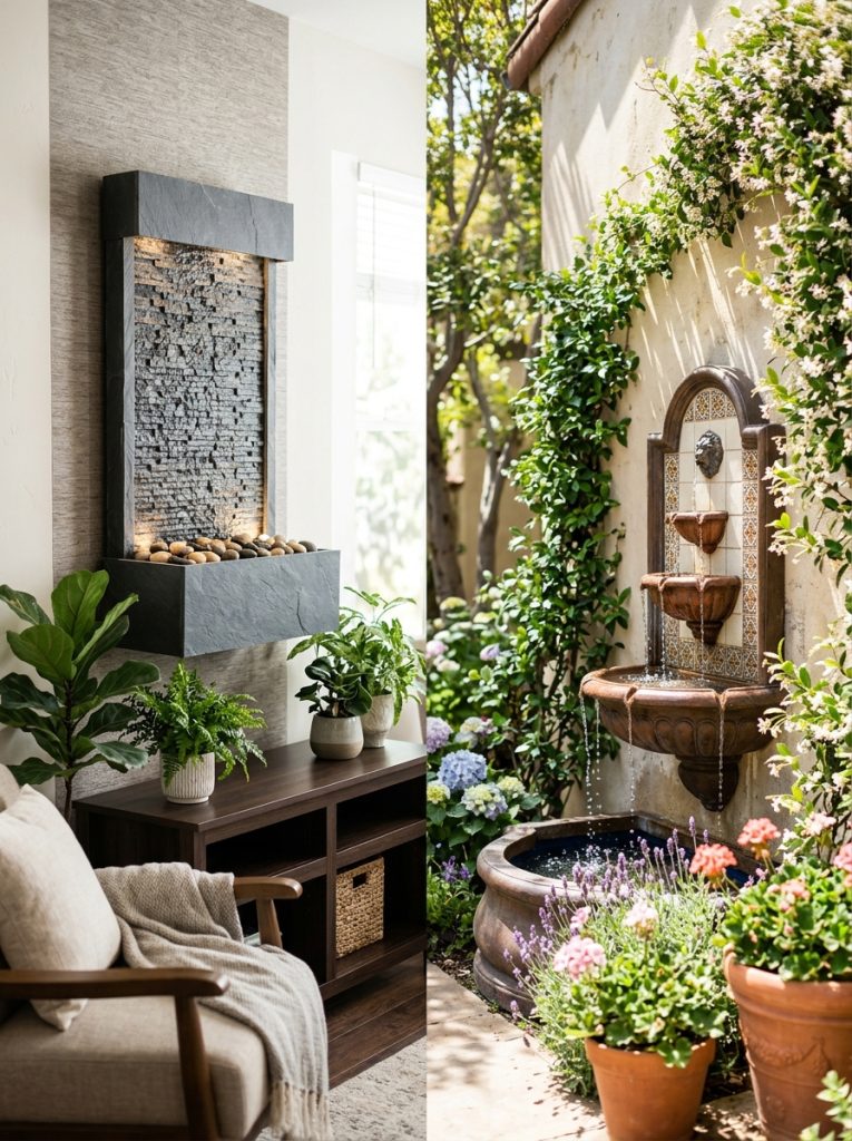 Beautiful wall-mounted water fountains in garden walls and interior feature walls with water cascading down decorative surfaces