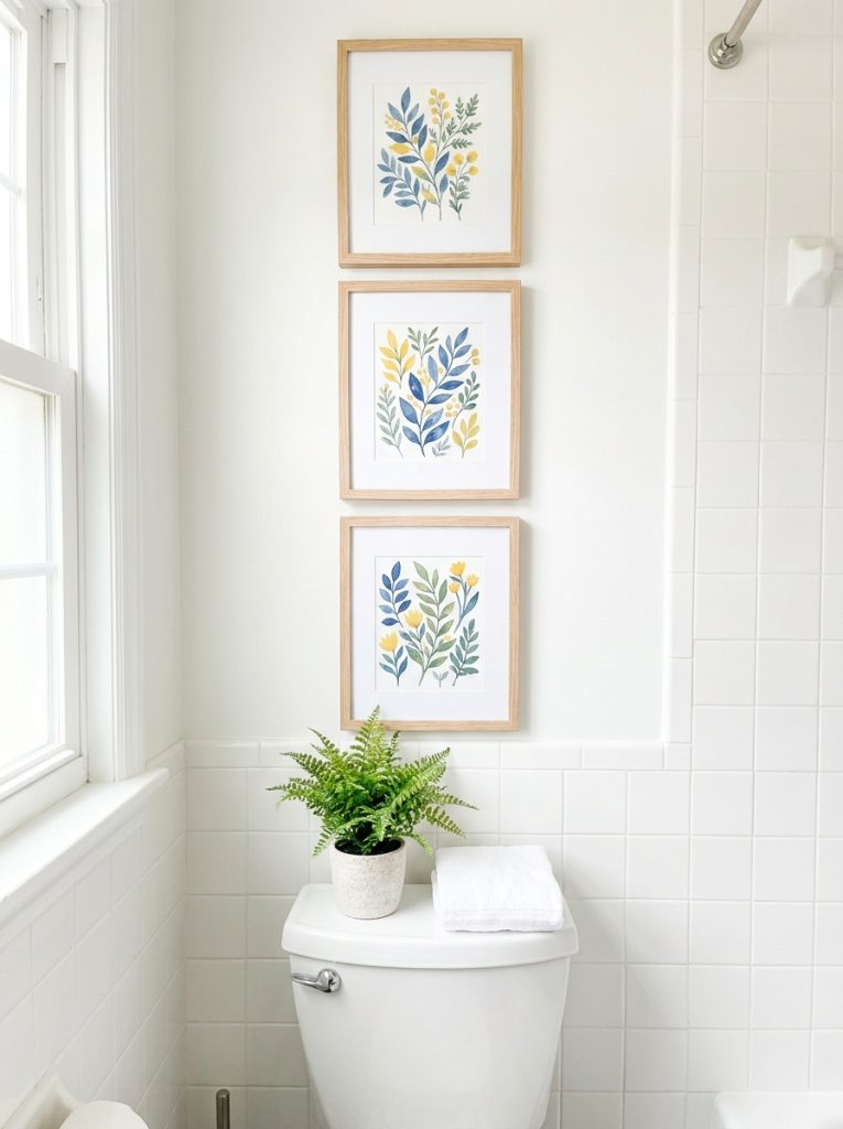 Beautiful wall art displayed above toilet with two or three coordinating framed prints in vertical display transforming awkward wall