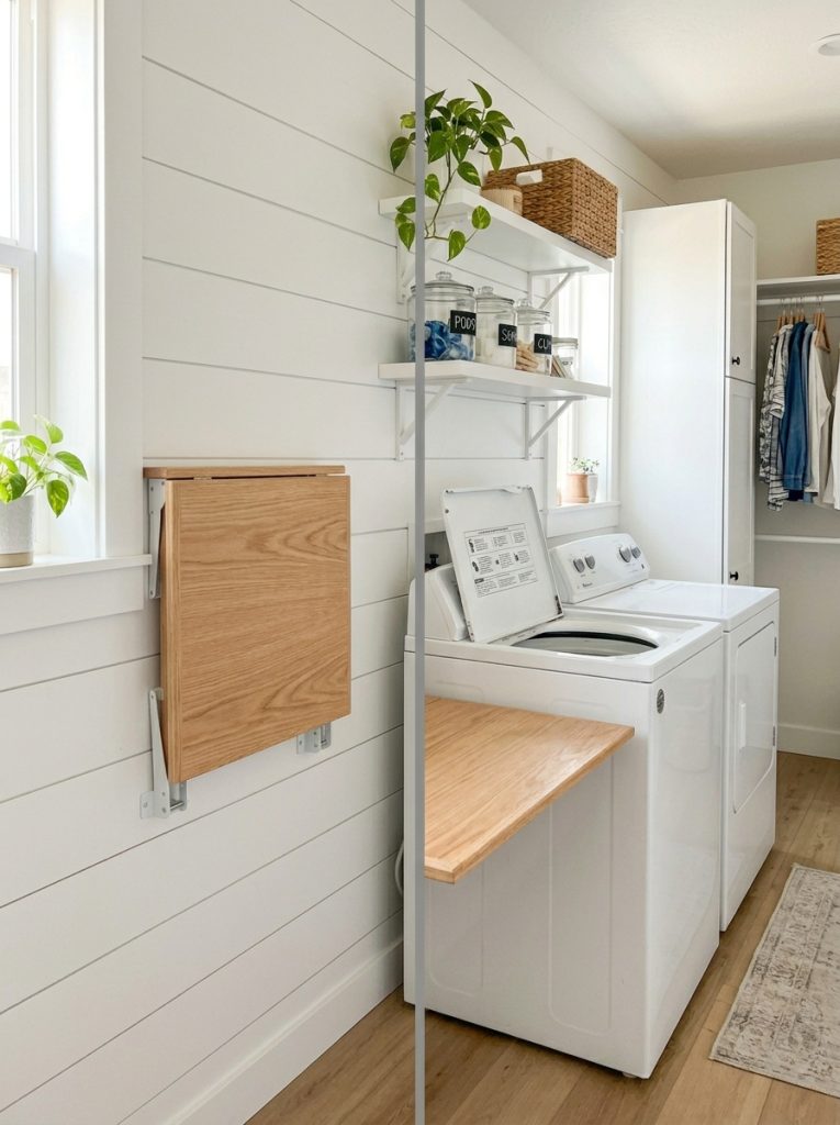  Wall mounted fold-down laundry table shown both folded up flat and unfolded creating folding surface beside top loader