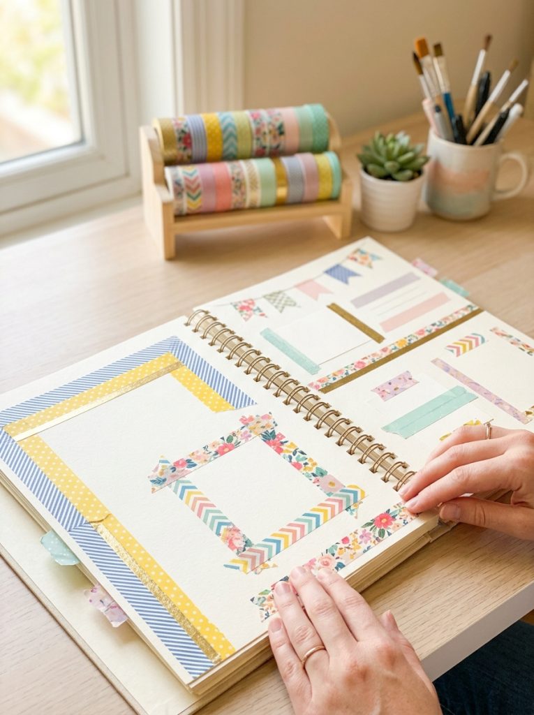  Beautiful washi tape scrapbook pages with creative borders frames dividers and decorative elements in multiple patterns and colors