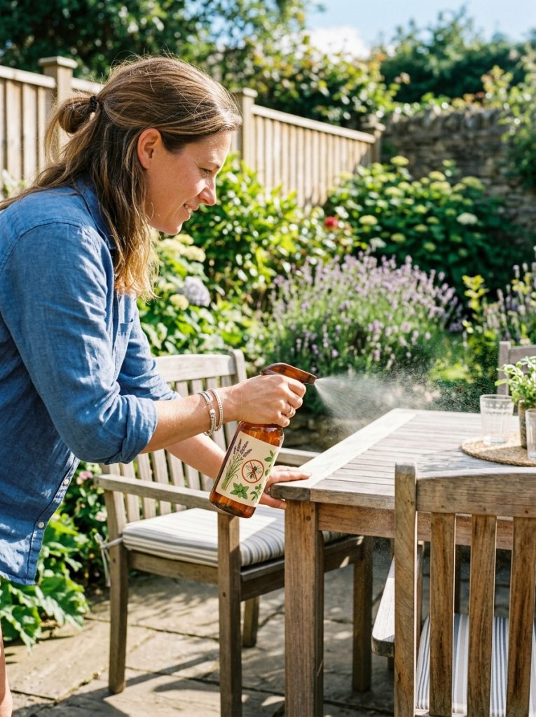 Person spraying natural wasp repellent around backyard patio table and chairs