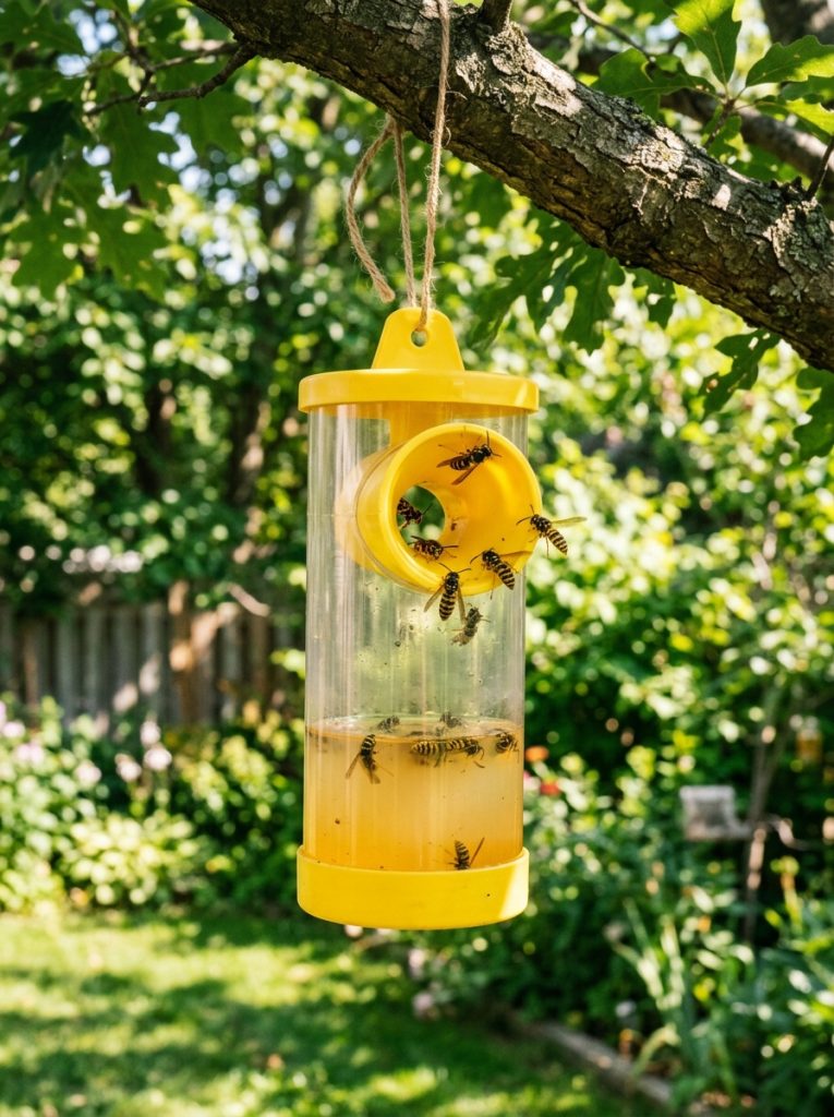 Yellow outdoor wasp trap hanging from tree branch in sunny green backyard
