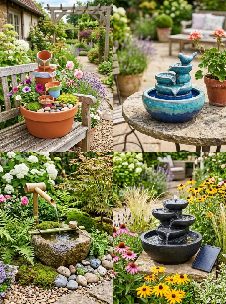 Beautiful water fountain ideas display with solar garden bamboo zen ceramic tabletop and DIY flower pot fountains in garden and home settings