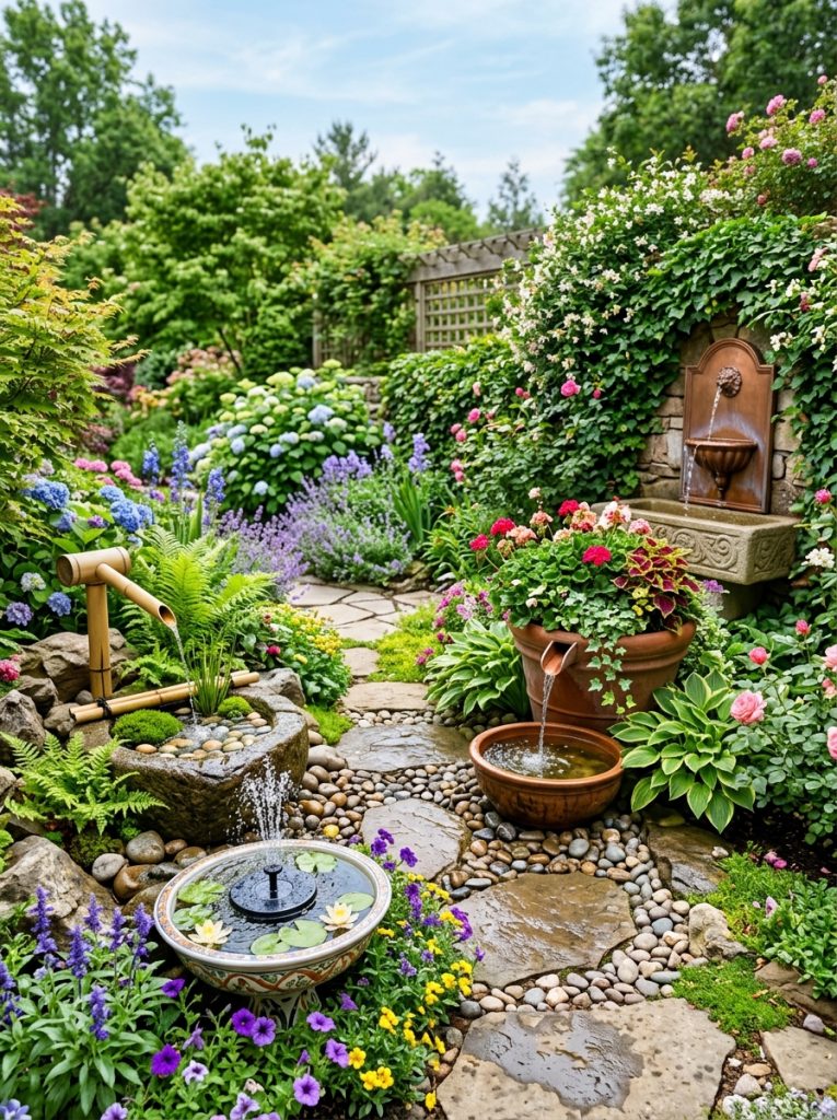  Complete water fountain garden display with solar fountain bamboo zen wall fountain and flower pot fountain working as complete water garden 