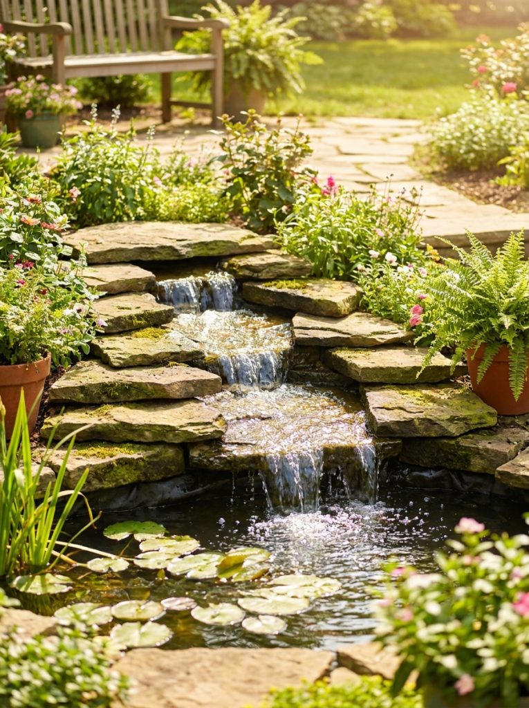 Beautiful simple waterfall design with stacked flat rocks creating stepped cascade into DIY backyard pond in sunny garden