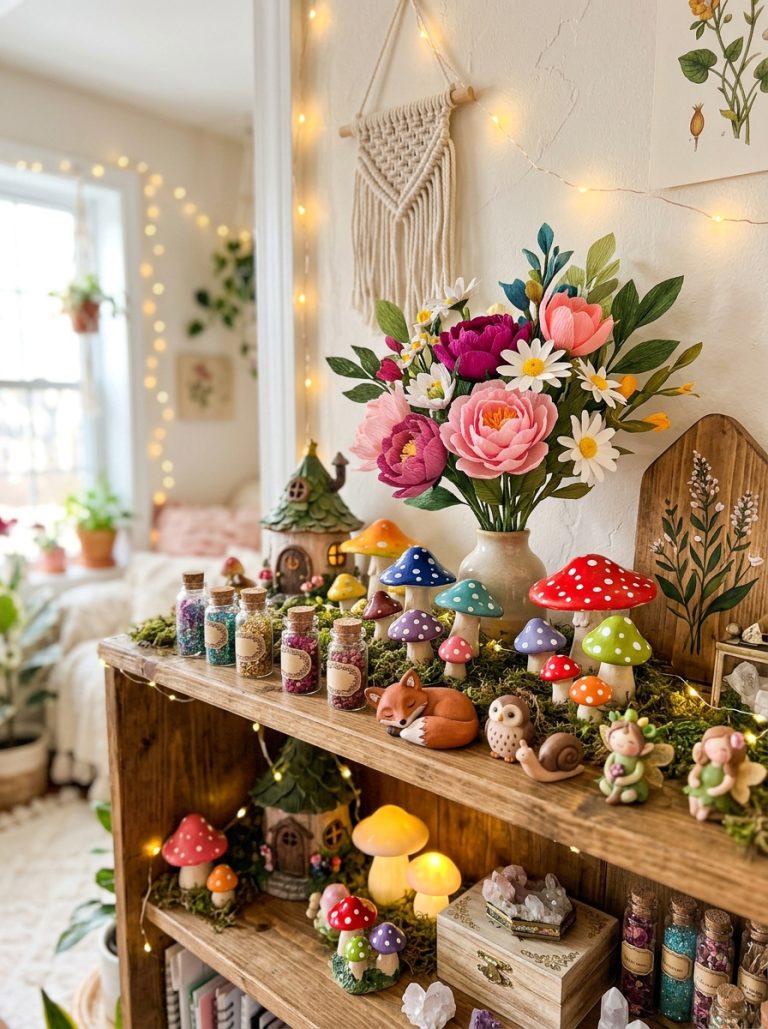 Beautiful whimsical craft display with fairy mushrooms dreamy clay creatures colorful paper flowers and magical aesthetic room decor