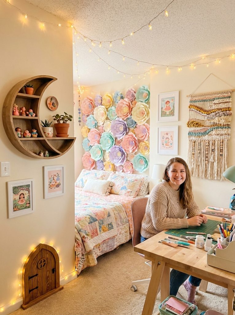 Complete whimsical craft room transformation with paper flower wall clay moon shelf fairy lights fairy door wall art and woven hanging