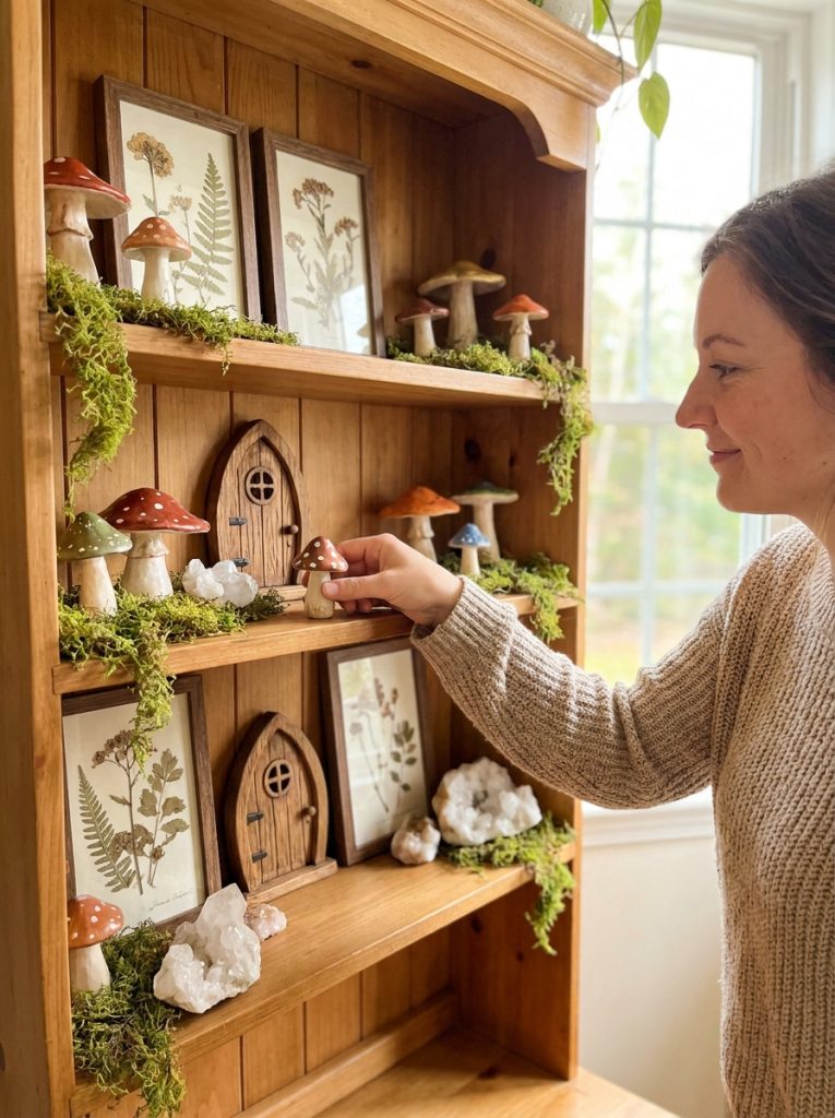 Beautifully curated whimsical craft shelf display with clay mushrooms botanical prints fairy doors crystals and moss in enchanted scene
