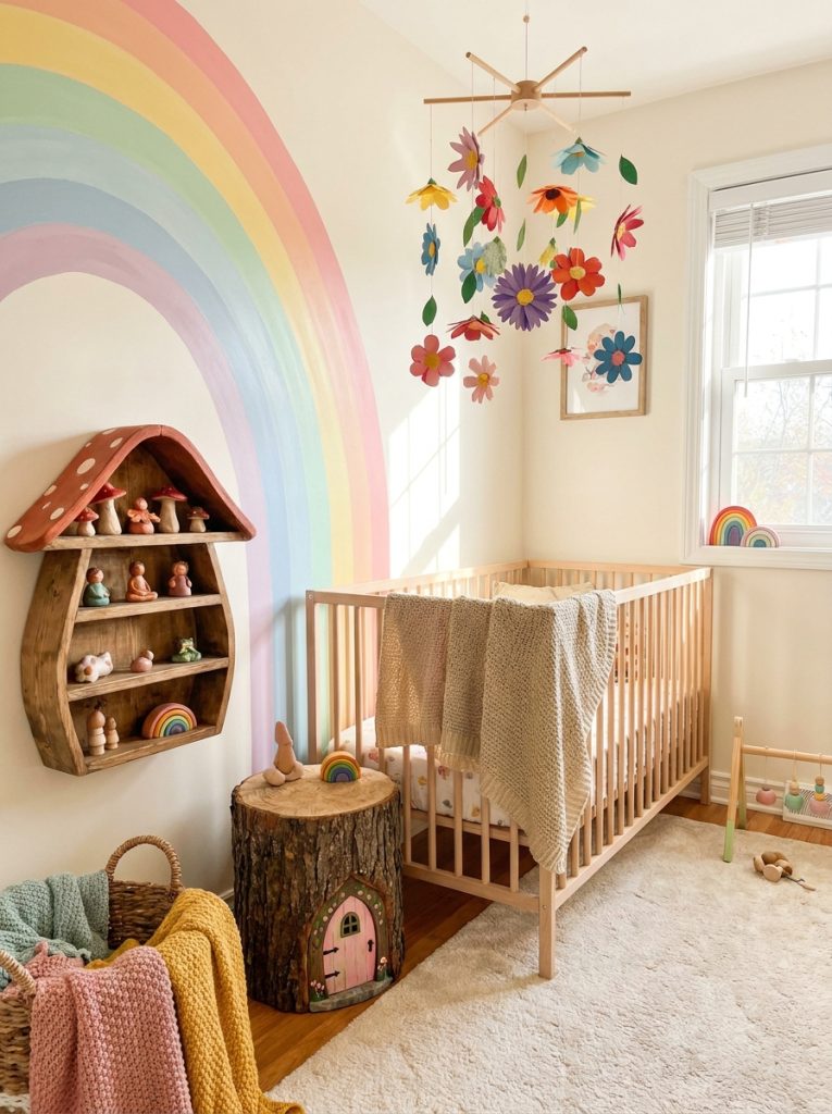 Beautifully whimsical kids room with paper flower mobile clay toadstool shelf fairy door and whimsical rainbow wall art