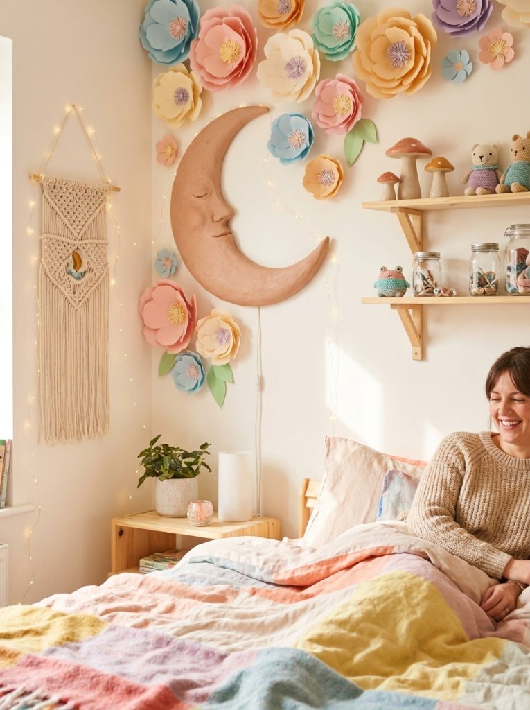 Beautifully whimsical room with handmade paper flower wall clay moon display fairy lights and whimsical shelf decorations