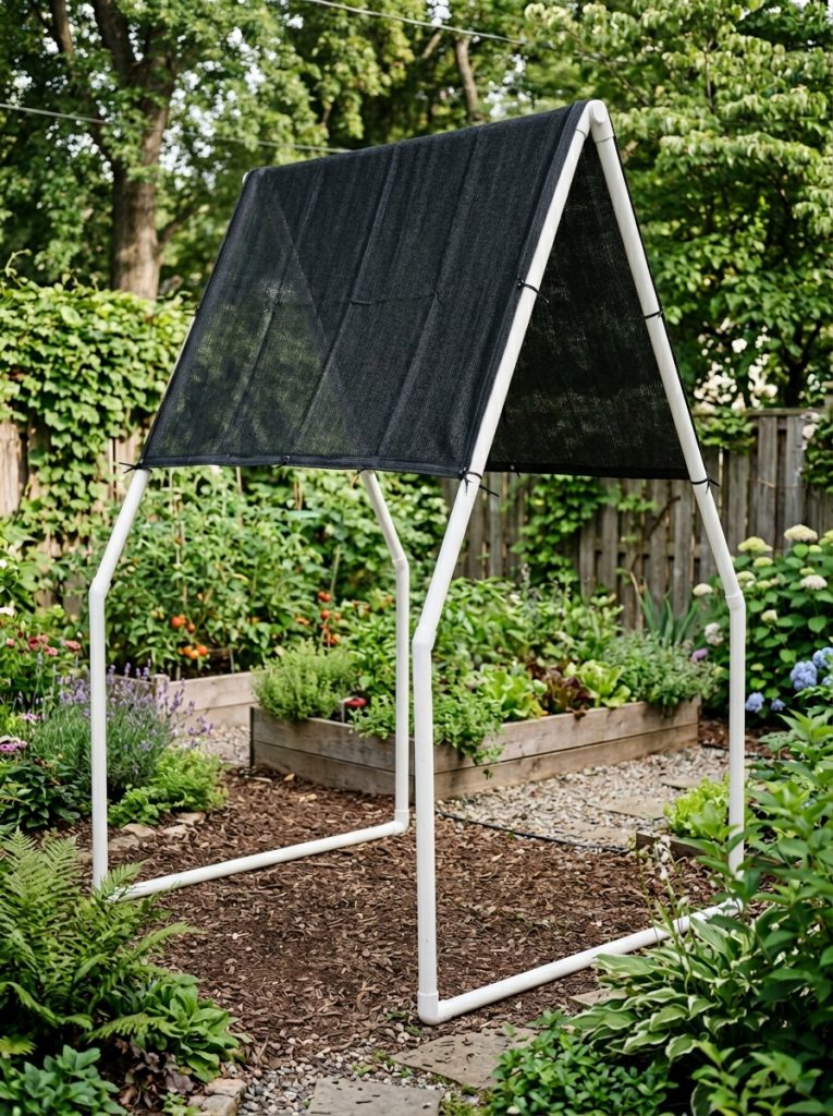 Simple white PVC pipe shade structure with black shade cloth in backyard