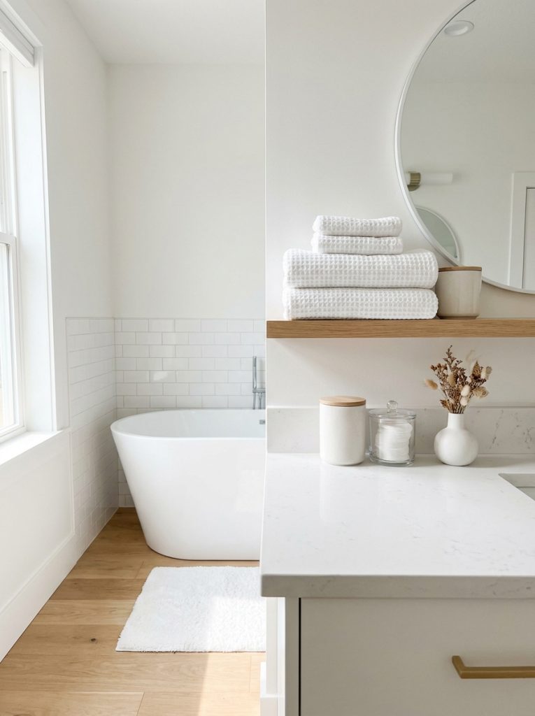 Beautiful white bathroom decor with crisp white accessories towels and accents creating clean minimal bright bathroom