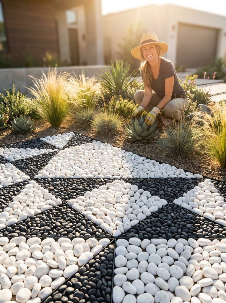  Stunning white and black rock landscaping with contrasting stones in geometric pattern in bold contemporary sunny garden