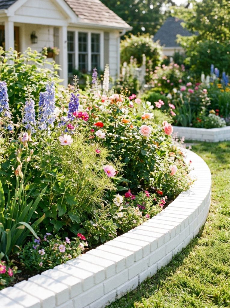  Beautiful white painted brick landscape edging with crisp bright bricks creating clean border with colorful flowers