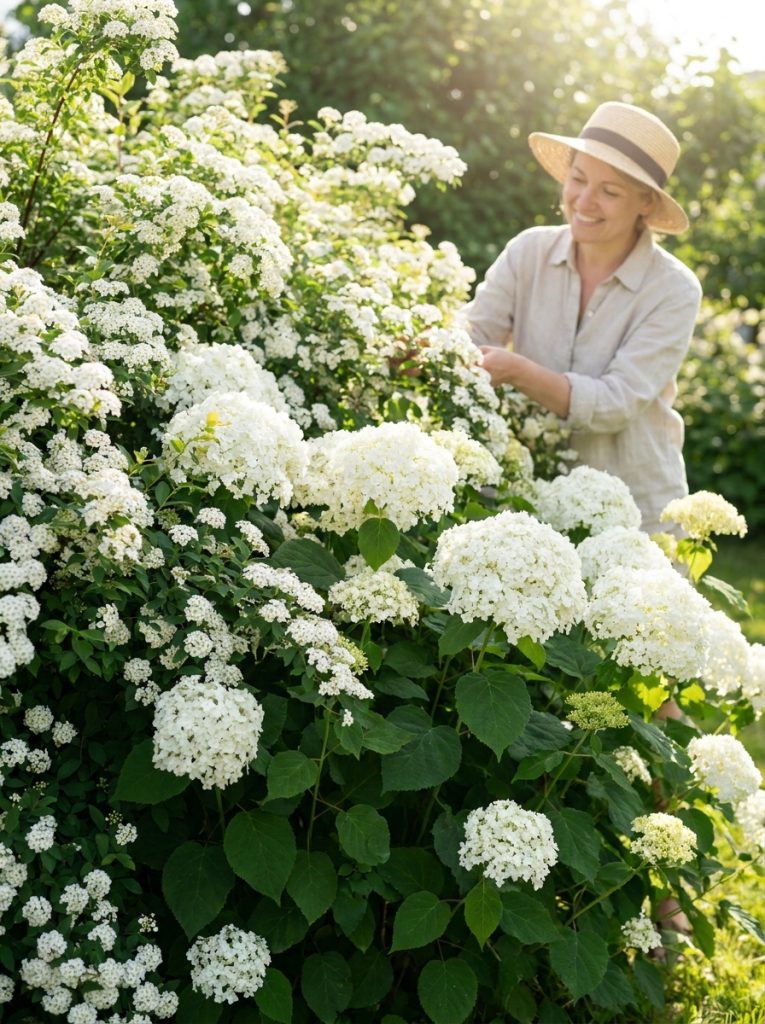 Beautiful white flowering shrubs in full bloom with pure white flowers against lush green foliage in sunny garden
