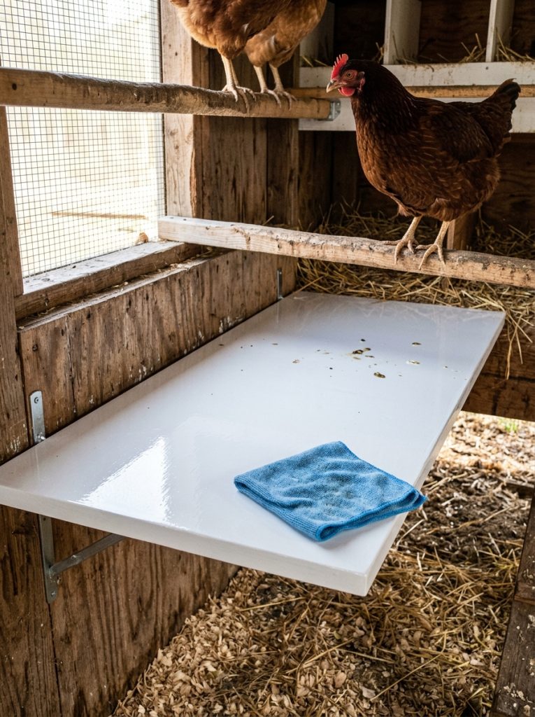 White gloss painted wooden poop shelf below roosting bars easy to wipe clean
