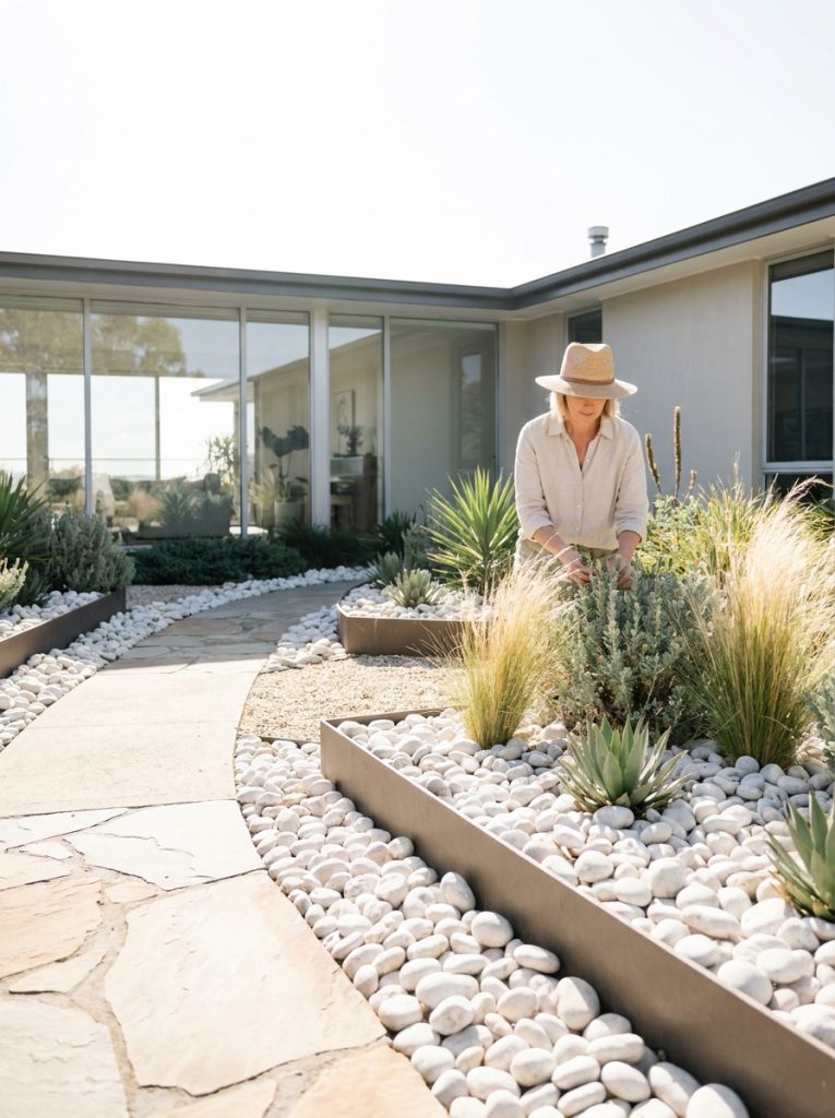  Beautiful white river rock landscaping with clean smooth white rocks as ground cover and pathway edging in bright modern garden 