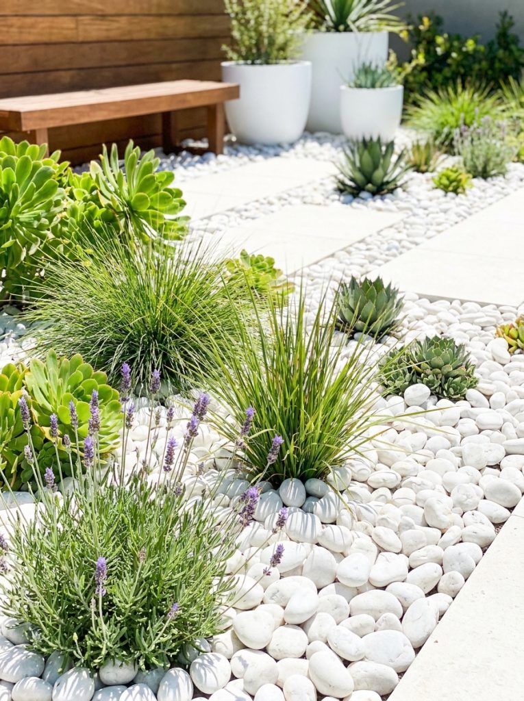  Beautiful white rock landscaping with clean smooth white rocks as ground cover and pathway edging in bright modern sunny garden 