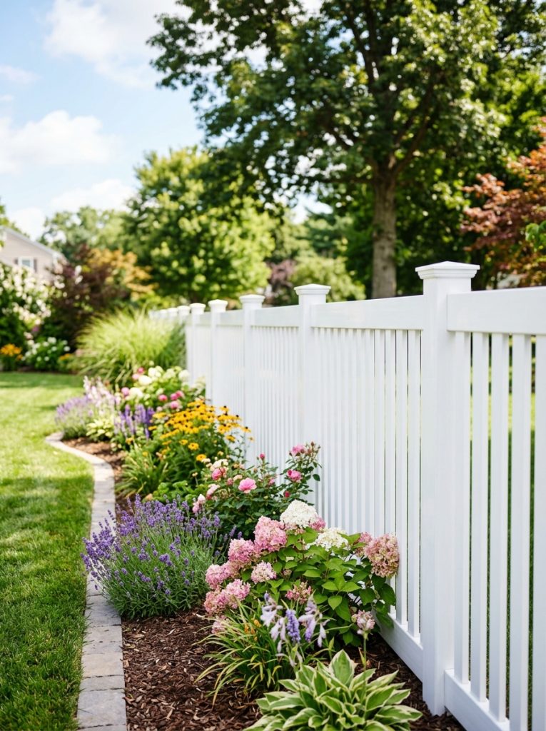 Clean white vinyl fence with crisp panels creating low-maintenance boundary with garden plants in bright sunny garden