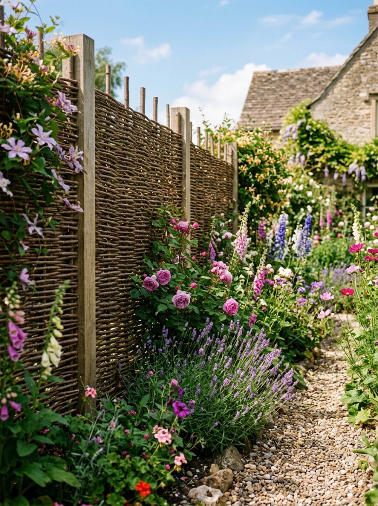 Beautiful natural willow wattle fence with woven branches as rustic organic boundary and cottage plants in sunny garden