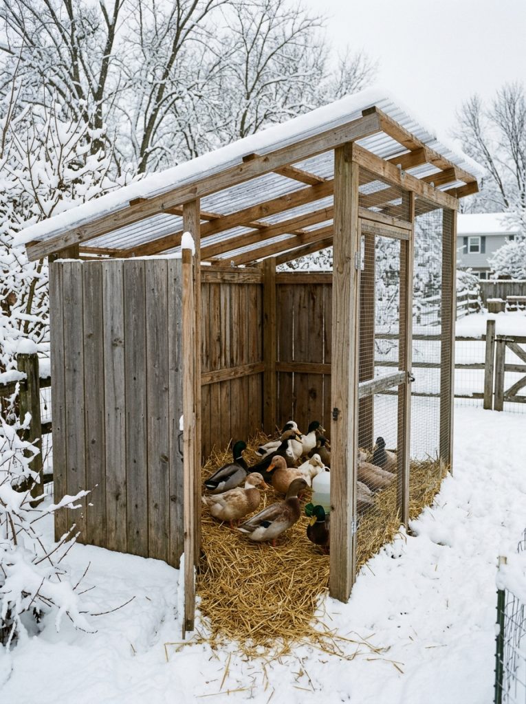 Winter duck run with solid windbreak panels and corrugated roof keeping ducks dry